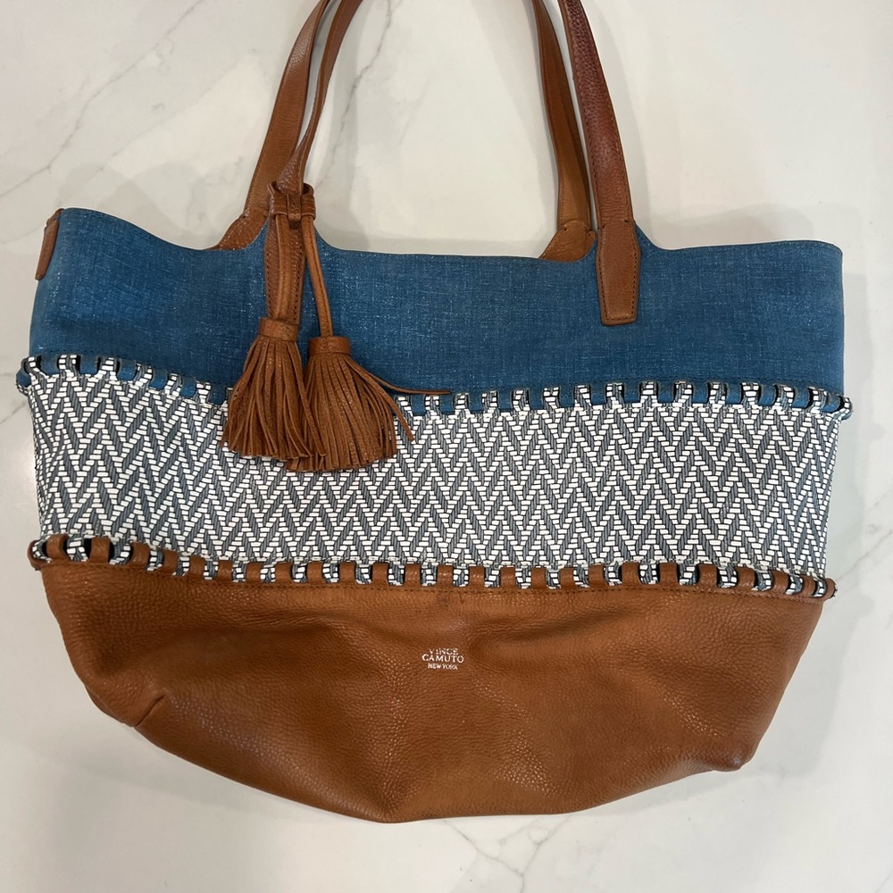 Vince Camuto Tan and Blue Chevron Tote